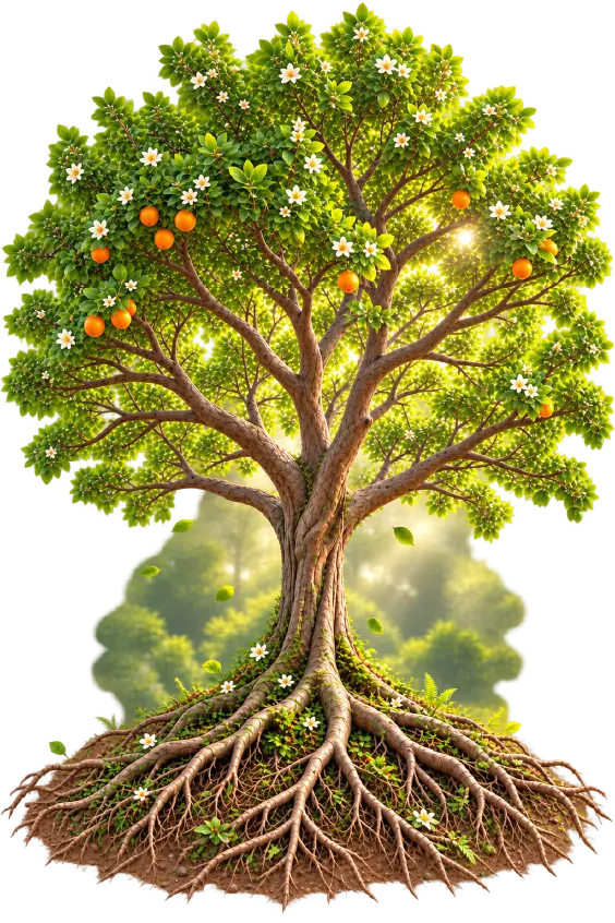 Árbol de la Salud Mental: raíz, tronco, ramas, hojas, flores, frutos, bosque y maleza